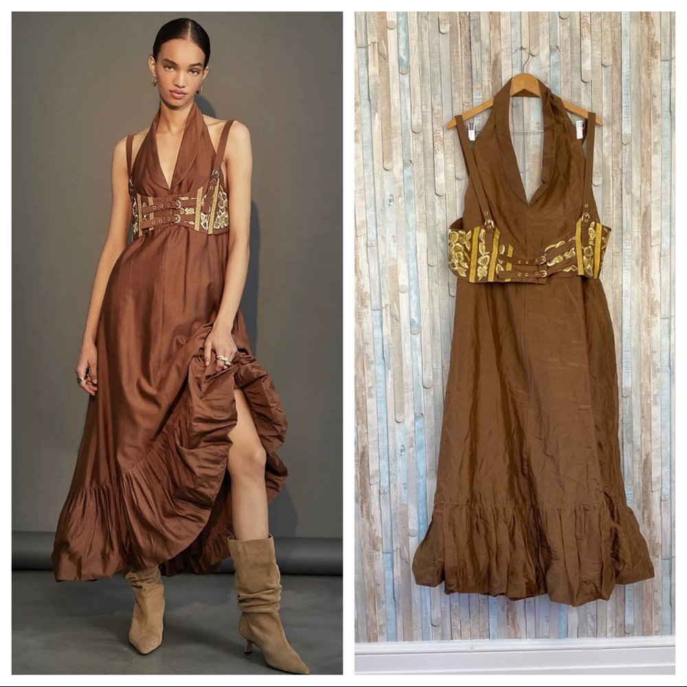 Anthropologie (Sold Out!) Brown Maxi Halter Dress with Embroidered Waist Harness